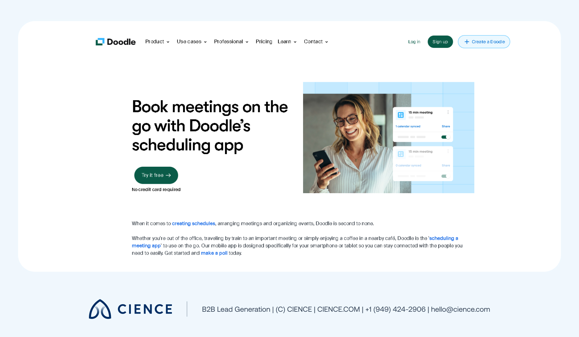 Doodle scheduling software showing group poll interface, multilingual support, and unlimited appointment booking options